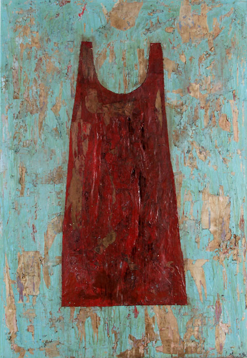 painting of a red dress on blue background